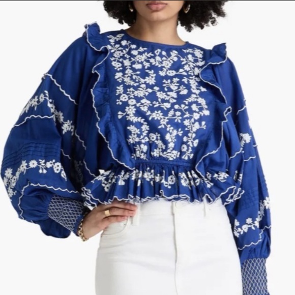 FARM Rio Tops - FARM Rio Blue and White Floral Embroidered Ruffled Blouse Top Medium